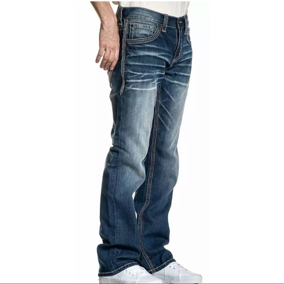 Affliction Men's Denim Jeans BLAKE FLEUR RINGO Biker Blue Embroidered - Picture 8 of 10